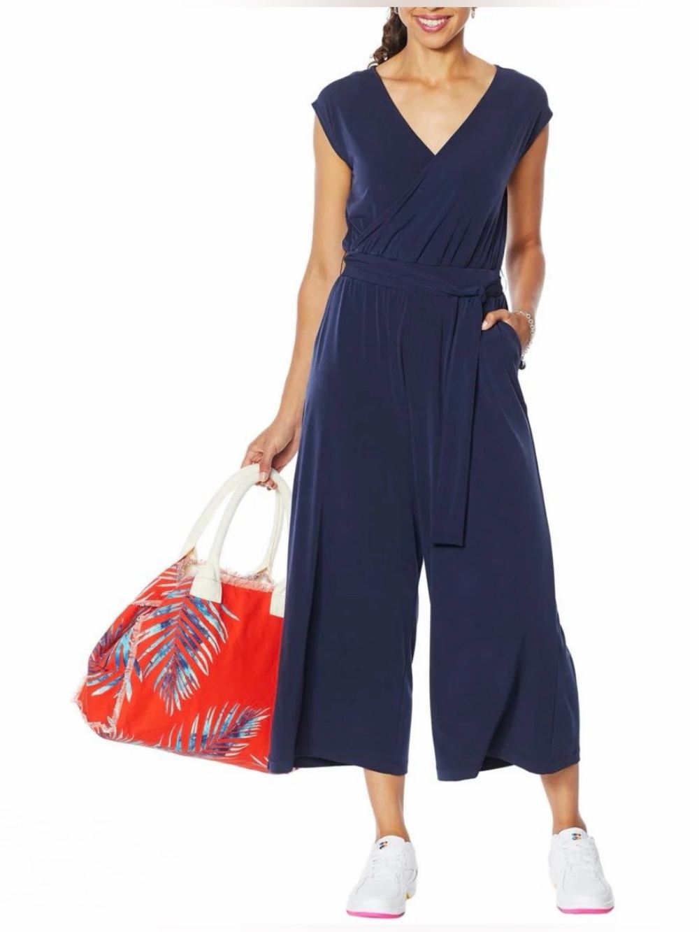 G by Giuliana Womens Sz LT Jumpsuit Pants Navy Stretch Sleeveless V-Neck
